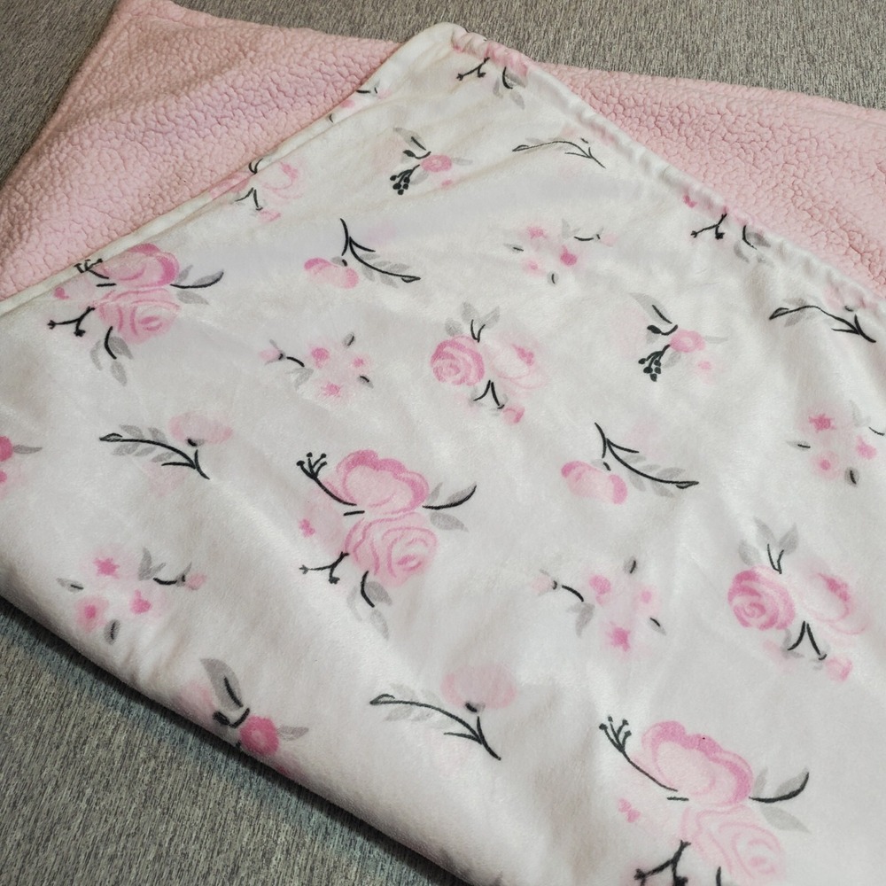 HB Hudson Baby Infant Girl Plush Blanket with Sherpa Back, Pink Floral 30"x40"